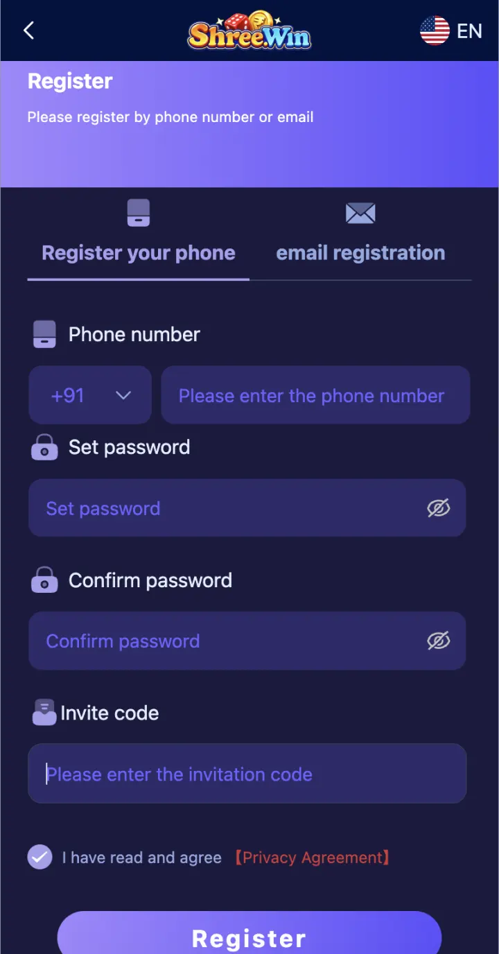 Shree Win phone registration screen and account fields