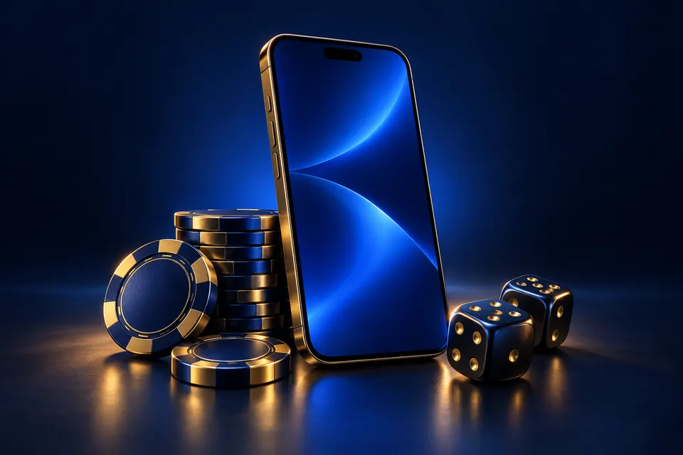 Illustration of a blue smartphone with gold and blue gaming tokens