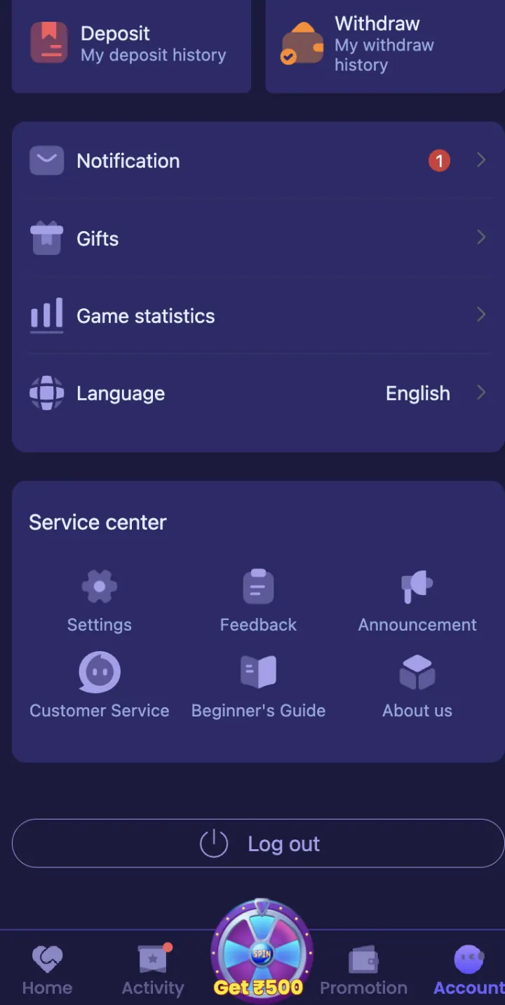 ShreeWin Account settings and customer-service options