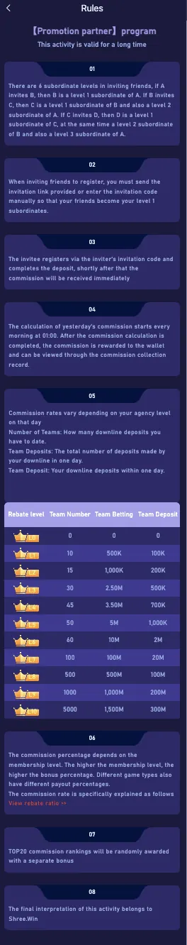 ShreeWin Agency rules and rebate-level table