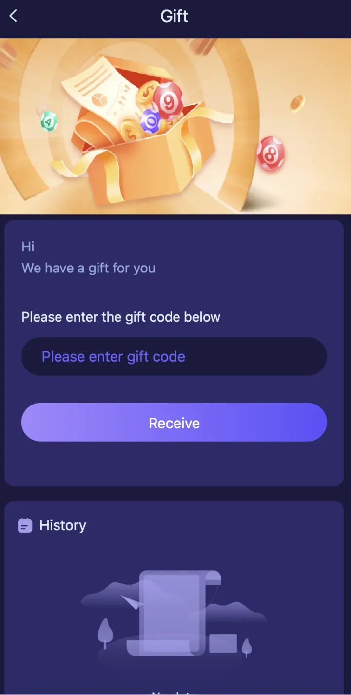 ShreeWin Gift screen with gift-code entry field
